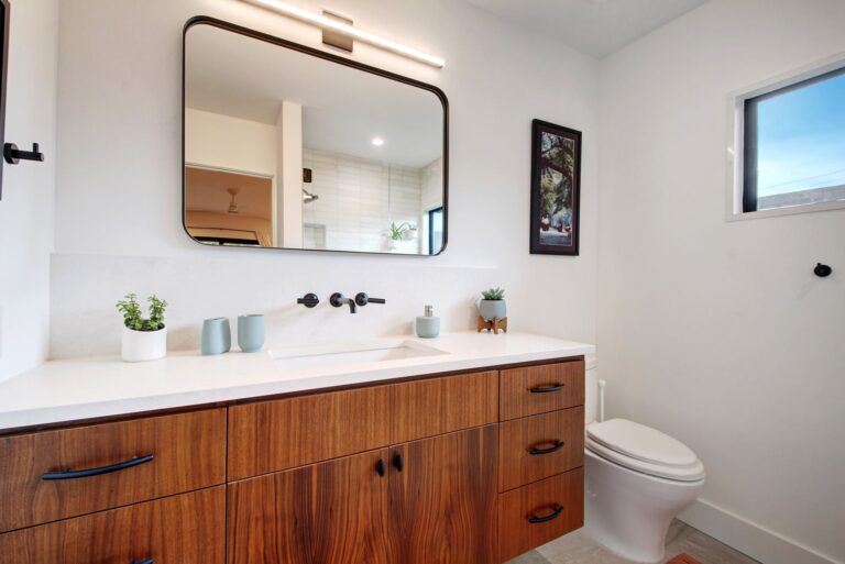 Custom Home Projects 10 Modern Bathroom with Wooden Vanity